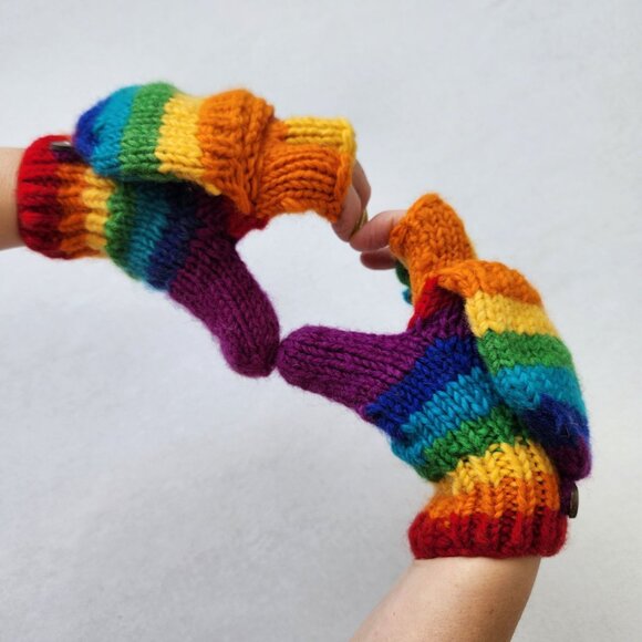 Rainbow Convertible Fingerless Mittens Gloves Pride Rainbow Dash Colorful Cute - Picture 6 of 7